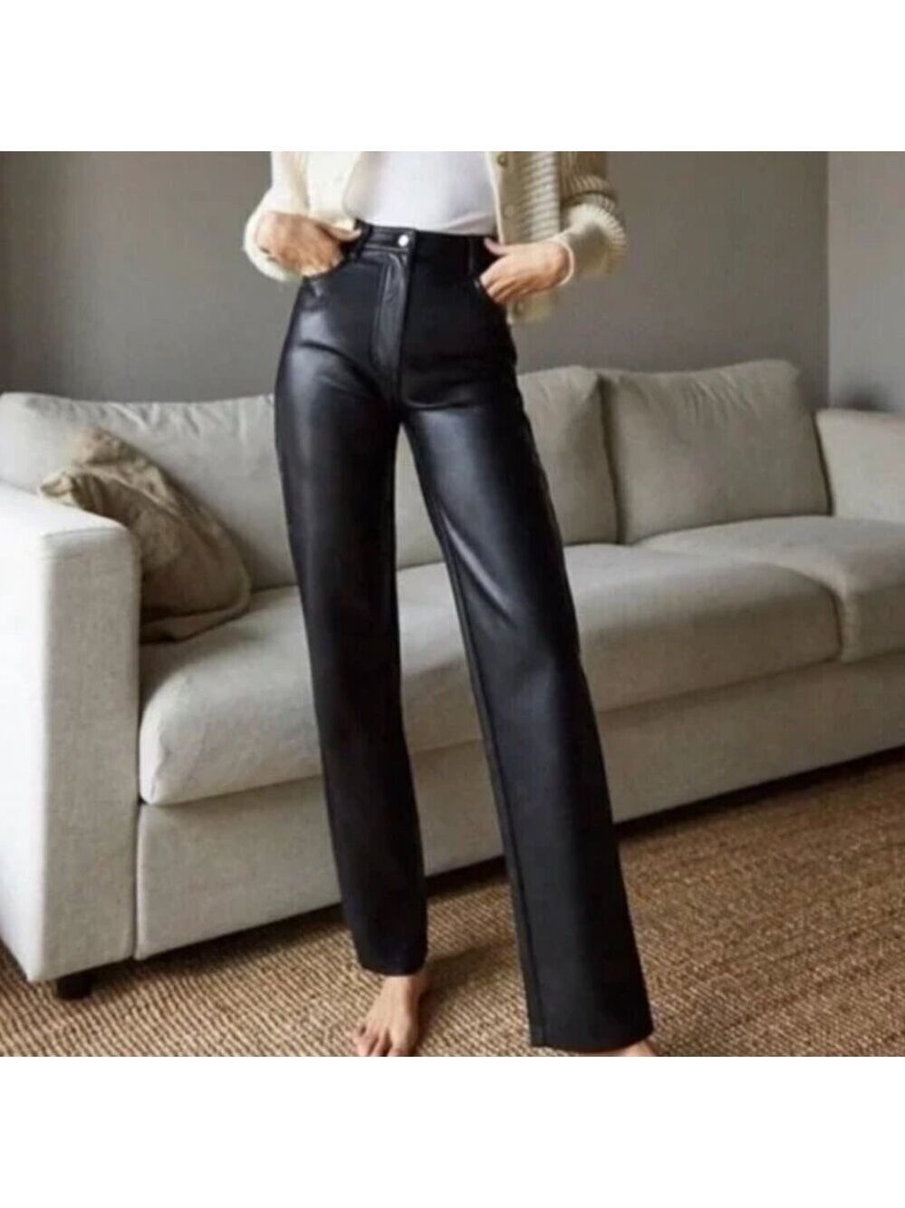 Wilfred Aritzia Melina Pants Black Faux Vegan Leather High Waisted Straight Leg